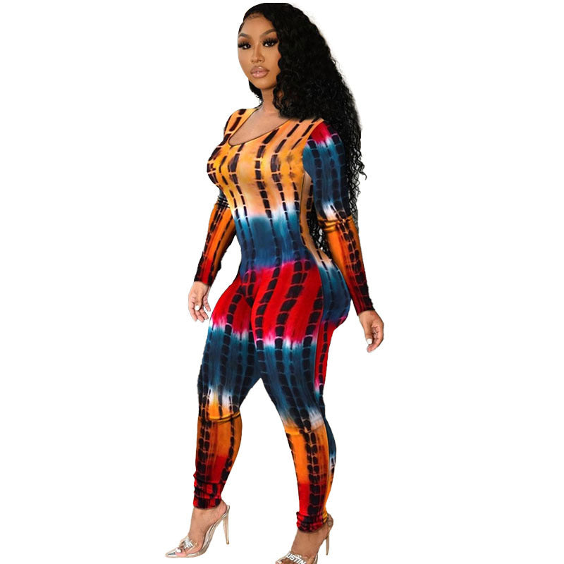 Long Sleeved Sexy Low Cut Tethered Large Size Tight Fitting Printed Jumpsuit Women
