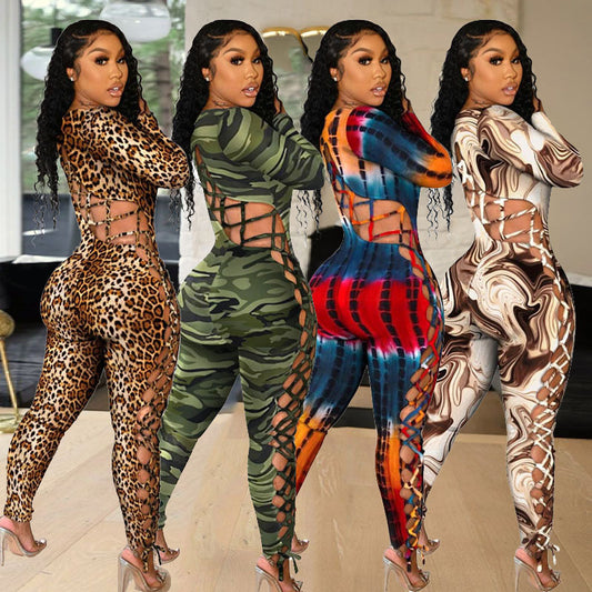 Long Sleeved Sexy Low Cut Tethered Large Size Tight Fitting Printed Jumpsuit Women